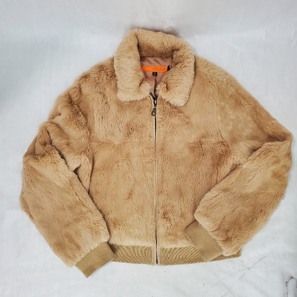 Cynthia Cynthia Steffe Tan 100% Rabbit Fur Leather Y2K Bomber Jacket Soft Size S - Picture 9 of 15